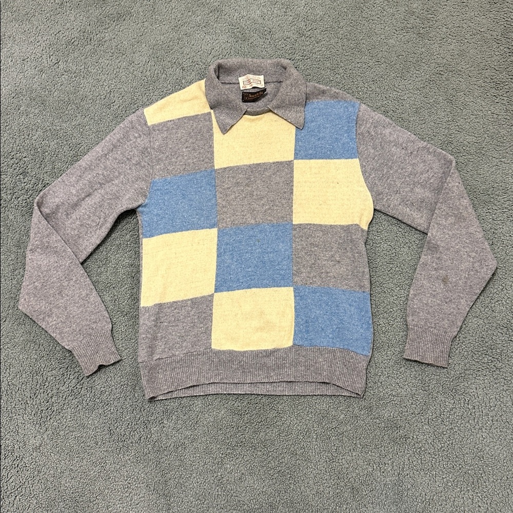 Vintage 70s LORD JEFF Collared Sweater Colorful Checkerboard Preppy USA Made